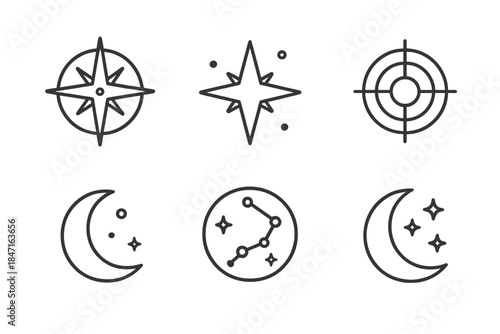Night Navigation Icons. Line style icons of Night Navigation: compass rose, north star, guiding dots, telescope sight, crescent