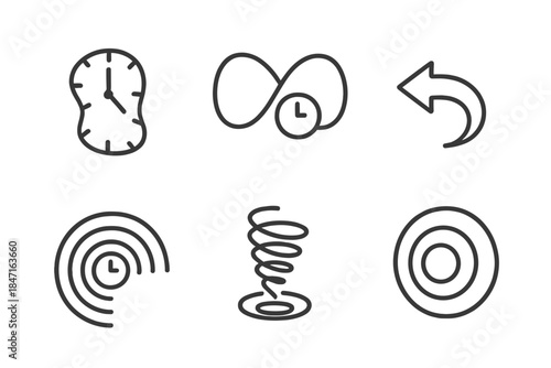 Temporal Shift Icons. Line style icons of Temporal Shifts: warped clock, folded loop, reversed arrow, time ripple, spiral beam,