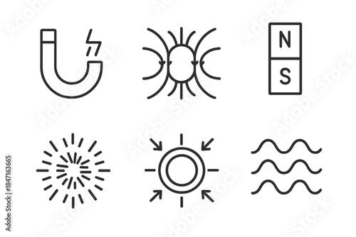 Magnetic Field Icons. Line style icons of Magnetic Fields: horseshoe magnet, magnetic lines, north-south poles, iron filings,