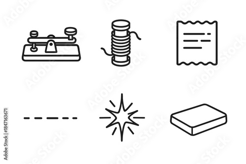 Telegraph Era Icons. Line style icons of Telegraph Era: telegraph key, wire coil, message strip, dot dash line, signal spark,