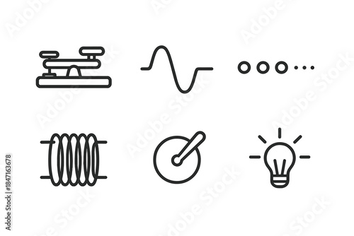 Electric Whispers Icons. Line style icons of Electric Whispers: telegraph key, signal line, Morse code dots, wire coil, switch,