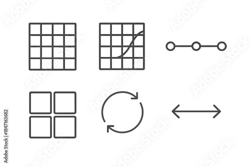 Structural Rhythm Icons. Line style icons of Structural Rhythm: pattern grid, curve overlay, baseline, modular square, repeat