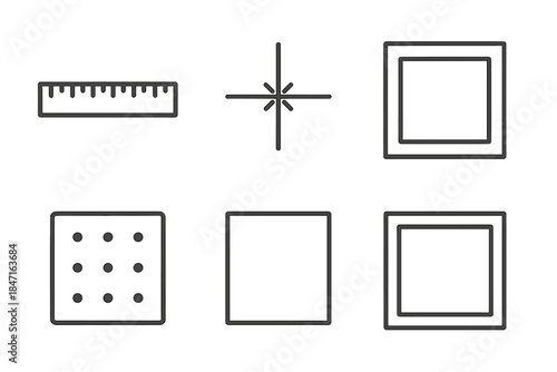 Creative Systems Icons. Line style icons of Creative Systems: grid layout, ruler, alignment guides, margin box, snapping dots,
