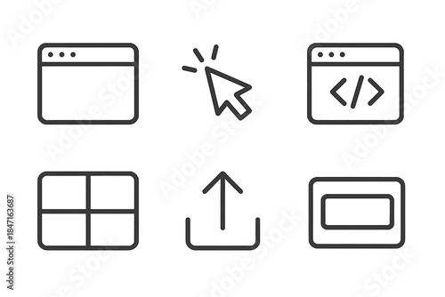 Frontend Design Icons. Line style icons of Frontend Design: window frame, cursor click, code block, grid layout, upload arrow,