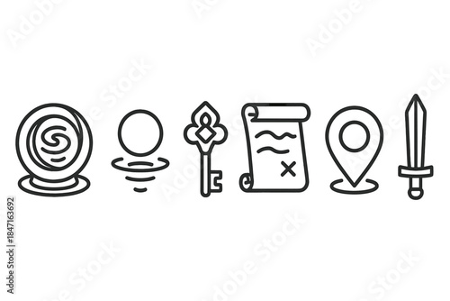Virtual Realm Icons. Line style icons of Virtual Realms: portal ring, floating orb, magic key, quest scroll, map marker, sword