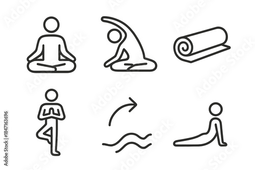 Yoga Practice Icons. Line style icons of Yoga Practice: seated figure, stretching arm, mat roll, balance pose, curve motion, body