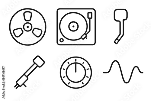 Analog Groove Icons. Line style icons of Analog Groove: tape reel, turntable, record arm, needle line, knob ring, bass curve. No