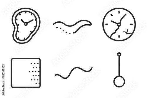 Gentle Decay Icons. Line style icons of Gentle Decay: warped clock face, flowing sand trail, cracked dial, fading mark, bending