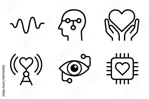 AI Empathy Symbols. Line style icons of AI Empathy: soft waveform, open circuit, warm link, caring signal, attentive sensor,