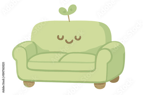 Happy Plant Couch. A cheerful couch with tiny happy plant sprouting, soft rounded doodle forms, pastel green and brown palette, No