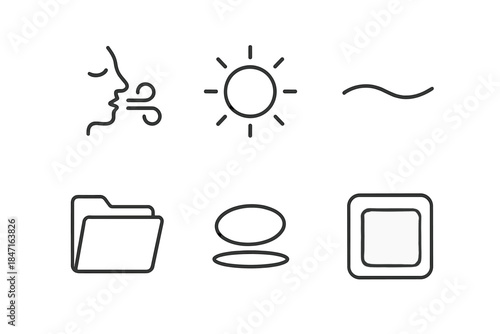 Intuitive Dreams Icons. Line style icons of Intuitive Dreams: breathing icon, glowing sphere, drifting line, transparent folder,