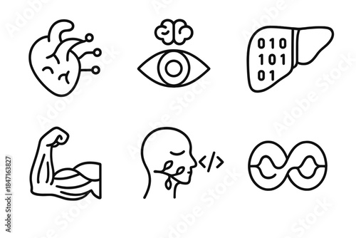 Human-Machine Unity Icons. Line style icons of Human-Machine Unity: soft circuit, mindful eye, data organ, chrome muscle,