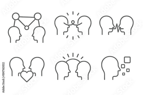 Shared Intelligence Icons. Line style icons of Shared Intelligence: networked heads, luminous thread, merging pulse, digital