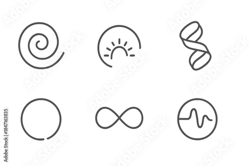 Imaginative Loop Icons. Line style icons of Imaginative Loops: floating spiral, radiant curve, twisting ribbon, circular pulse,