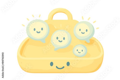 Cheerful Glowing Bubbles. A cheerful serving tray holding tiny smiling glowing conversation bubbles, soft rounded doodle shapes,