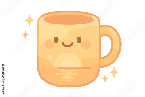Smiling Sunrise Mug. A smiling mug with sunrise reflection and tiny sparkles, soft rounded friendly shapes, pastel orange and