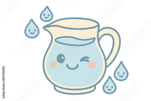 Winking Pitcher Fun. A playful refill pitcher with winking face and tiny smiling droplets, soft rounded doodle style, pastel blue