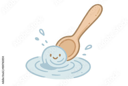 Playful Spoon Vortex. A playful spoon stirring a tiny smiling "focus" vortex, soft rounded doodle style, pastel blue and brown