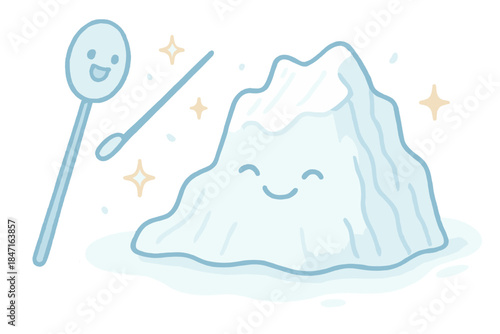 Glacier's Musical Journey. A cheerful conductor's baton directing the slow movement of a smiling glacier, tiny sparkles floating