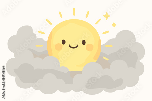 Sunny Aura Emerges. A happy sunny aura breaking through "foggy uncertainty," tiny smiling rays and sparkles, soft rounded friendly