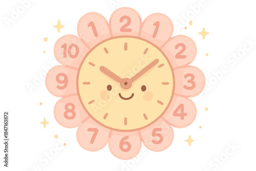 Cheerful Petal Clock. A cheerful clock whose numbers are unfolding smiling petals, tiny sparkles floating around, soft rounded