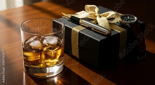 Whiskey glass with ice next to a wrapped gift and pen  
