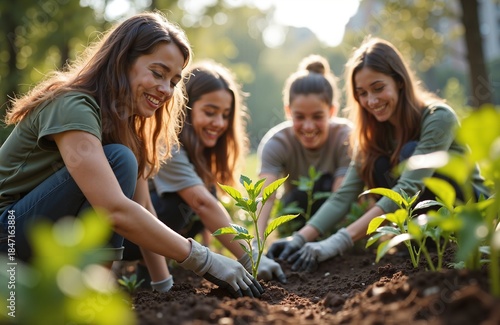 Four young women planting seedlings together in garden during daylight  