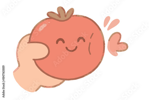 Playful Tomato Squeeze. A playful "kiss" sound represented by a hand squeezing a smiling tomato, soft rounded doodle style, pastel