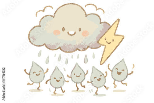 Happy Storm Doodle. A stormy doodle scene with happy thunder sheet and little dancing rain droplets, cozy soft tones, No text, No