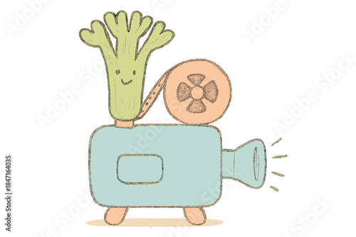 Celery Projector Whimsy. A whimsical film projector with a smiling celery stalk as a reel, soft pastel doodle style, No text, No