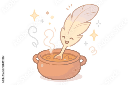 Quill Taste Test. A cheerful quill dipping into a bubbling stew for a "taste test," surrounded by tiny sparkles and doodle accents