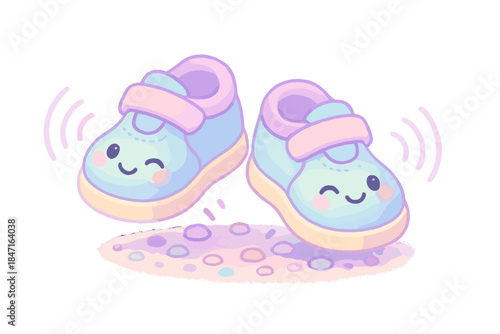 Playful Winking Shoes. A pair of tiny winking shoes tapping on gravel with playful sound waves around, pastel magical colors, No