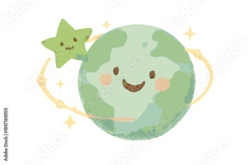 Galactic Joyful Orbit. A green star orbiting a joyful globe with tiny connecting sparkles, soft abstract doodle style, No text, No