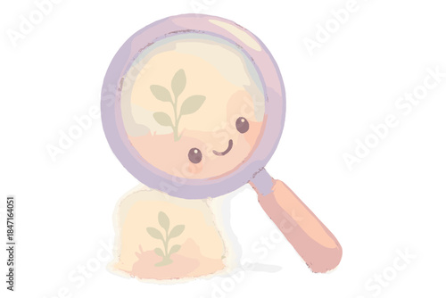 Smiling Magnifier Magic. A cute magnifier with a smiling face, highlighting a tiny "forgotten herb," soft magical pastel tones, No