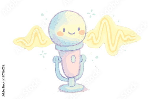 Smiling Microphone Doodle. A playful specialized microphone with a smiling face, emitting a glowing "tingle" frequency waveform,