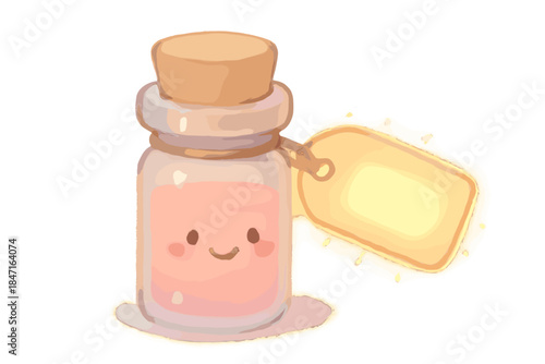 Glowing Discovery Vial. A tiny sample vial with a glowing "new discovery" tag, smiling gently, soft cozy pastel colors, No text,