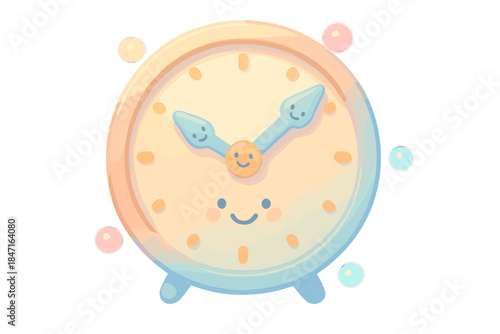Harmonious Clock Design. A friendly "time zone synchronizer" clock with smiling hands and floating glowing indicators, soft