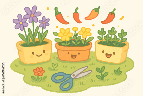Miniature Garden Magic. A miniature garden scene with joyful trays, snipping scissors, and floating spice peppers, soft pastel