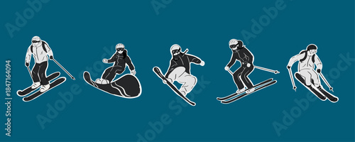 Winter sports sticker set with skiers and snowboarders for posters, branding and seasonal design