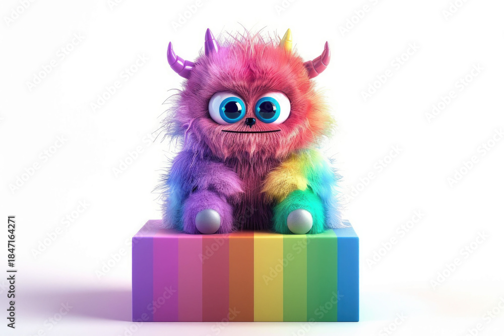 Fototapeta premium A pink and purple fluffy monster sitting on rainbow-colored blocks in a vibrant studio scene