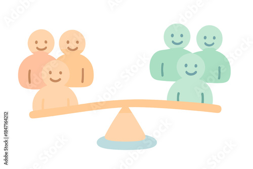 Playful Balance of Teams. A playful balance scale with tiny happy team icons on each side, soft harmonious pastel palette, No text