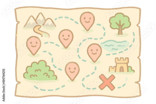 Cheerful Tactical Map. A cheerful tactical map with smiling "player position" icons, soft pastel doodle style, No text, No labels,