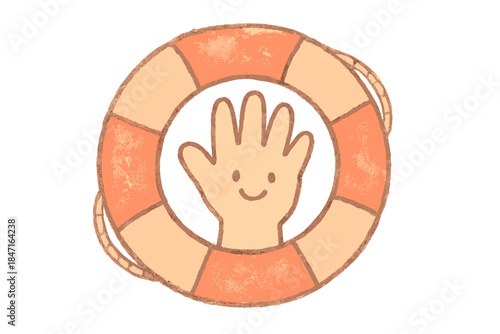 Lifebuoy and Helping Hand. A cheerful lifebuoy with a smiling helping hand inside, soft pastel doodle style, No text, No labels,