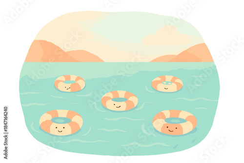Serene Bay with Lifebuoys. A happy calm bay with tiny floating cheerful lifebuoys, soft harmonious pastel palette, No text, No