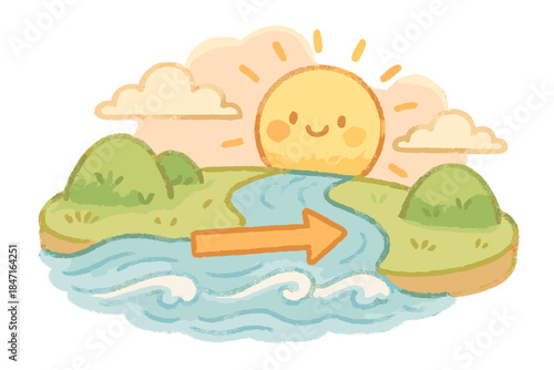 Pastel River Sunrise. A miniature river productivity scene with cheerful sunrise, daily current arrow, and flowing wave, soft