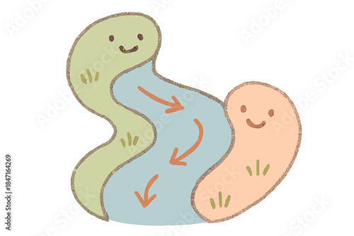 Smiling River Arrows. A tiny "clear direction" river channel with smiling banks and flowing arrows, cozy pastel doodle colors, No