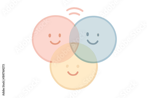Playful Circle Connections. A smiling overlapping circle set showing playful timing connections, gentle pastel accents, No text,