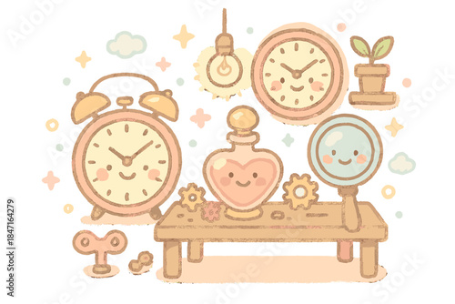 Miniature Memory Workshop. A miniature memory workshop with cheerful clockwork, perfume bottle, and time lens, soft pastel doodle