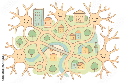 Neural Cityscape Delight. A cheerful city plan made of smiling interconnected neurons, soft pastel doodle style, No text, No