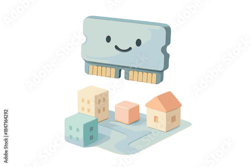 Floating Memory Swatch. A smiling memory swatch floating above tiny city blocks, gentle pastel accents, No text, No labels,